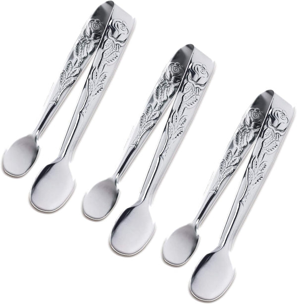 3PCS Mini Serving Tongs, 4Inch Rose Stainless Steel Sugar Cube Tongs, Sliver Small Ice Tongs for Tea and Coffee Party, Appetizers, Desserts by Sunenlyst (Silver)