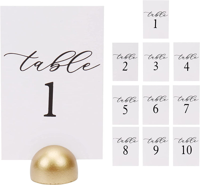 Hanna Roberts Modern Cursive Table Number Card Stock Signs with round Stand for Wedding Reception, Restaurant, Event Party, 4" X 6" (Set of 10, 1-10, Gold)
