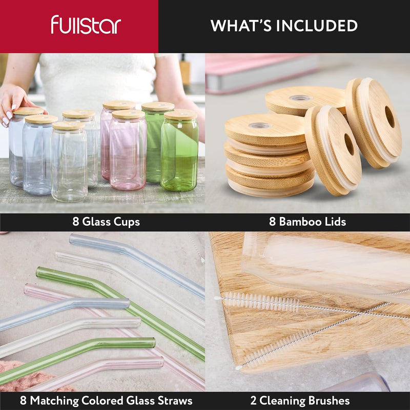 fullstar Glass Cups with Lids and Straws - Drinking Glasses, Glass Tumbler with Straw and Lid, Iced Coffee Cups, Glass Coffee Cups with Bamboo Lids (8 Pack, Multicolor, No Sleeves)