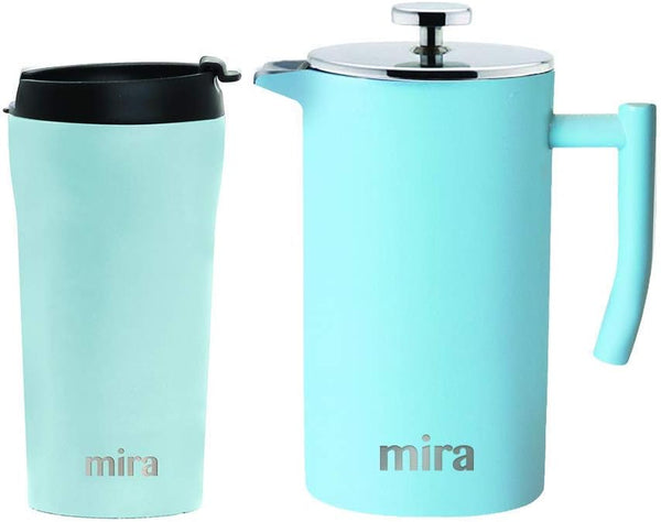 MIRA Coffee Lover Bundle with 12oz Insulated French Press (Pearl Blue) and 12oz Insulated Travel Mug (Pearl Blue)