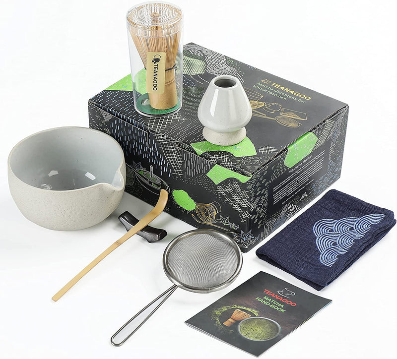 TEANAGOO Japanese Tea Set (7pcs) Matcha Whisk Set Matcha Bowl with Pouring Spout Bamboo Matcha Whisk (Chasen) Scoop (chashaku) Matcha Whisk Holder Tea Making Kit. N18,Orange, Matcha Green Tea Powder