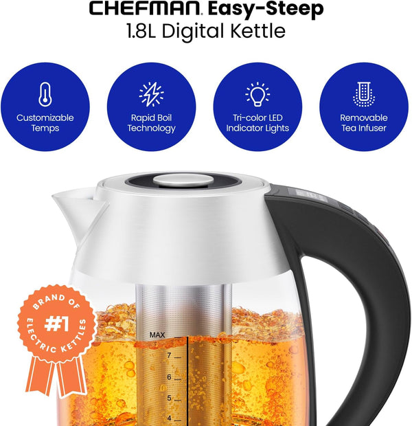 Chefman 1.8L Digital Electric Glass Kettle+ w/ Rapid-Boiling & 7 Presets for Precise Temperature, Stainless Steel Tea Infuser Included, Advanced Digital Control