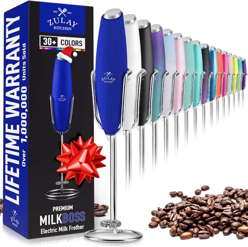 ULTRA HIGH SPEED MILK FROTHER For Coffee With NEW UPGRADED STAND - Powerful, Compact Handheld Mixer with Infinite Uses - Super Instant Electric Foam Maker with Stainless Steel Whisk by Zulay (White)