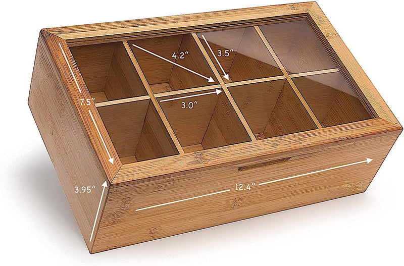 Natural Bamboo Tea Box Storage Organizer- 8 Compartments Tea Bag Holder with Clear Acrylic Window- Natural Wooden Finish Tea Storage Organizer