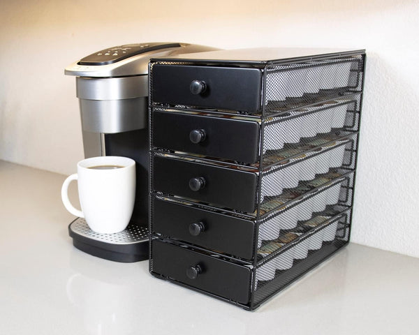Nifty Coffee Pod Drawer – Black Satin Finish, Compatible with K-Cups, 90 Pod Pack Capacity Rack, 5-Tier Holder, XXL Storage, Stylish Home or Office Kitchen Counter Organizer