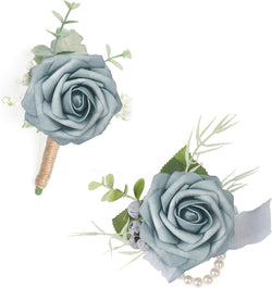 ANNKIN Dusty Blue Boutonniere with Eucalyptus for Men, Set of 6, Wedding Flower Boutonnieres with Pins for Groom and Best Man Wedding Ceremony Anniversary, Homecoming Prom Party