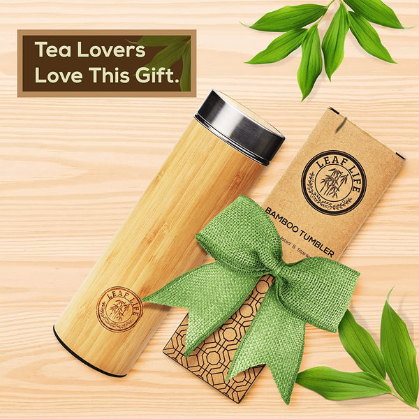 LeafLife Premium Bamboo Thermos with Tea Infusers for Loose Tea 17oz - Hot & Cold for 12 Hrs - Unique Gifts for Women Who Have Everything, Tea Gift Sets for Women, Cool Gifts for Women Birthday Unique