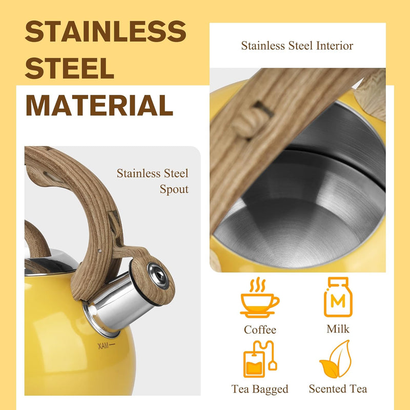 Tea Kettle, 2.1 Quart Stove Top Whistling Tea Kettle, Teapot with Food Grade Stainless Steel and Wood Pattern Folding Handle, Suitable for All Heat Sources,(Yellow)