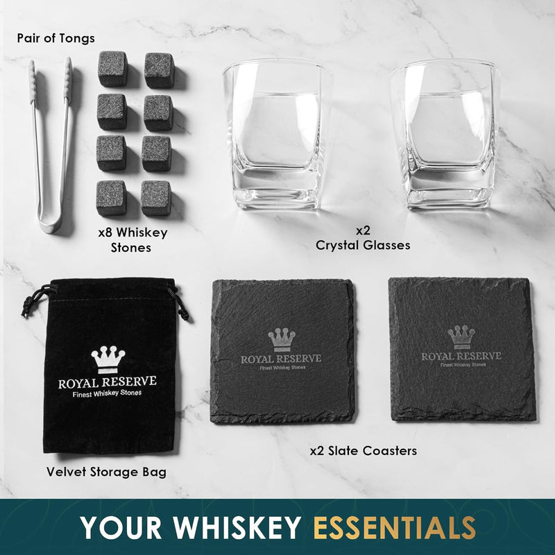 Whiskey Stones Gift Set by Royal Reserve – Artisan Crafted Scotch Bourbon Glasses, Chilling Rocks, Coasters and Tongs – Gift for Guy Men Dad Boyfriend Anniversary or Retirement