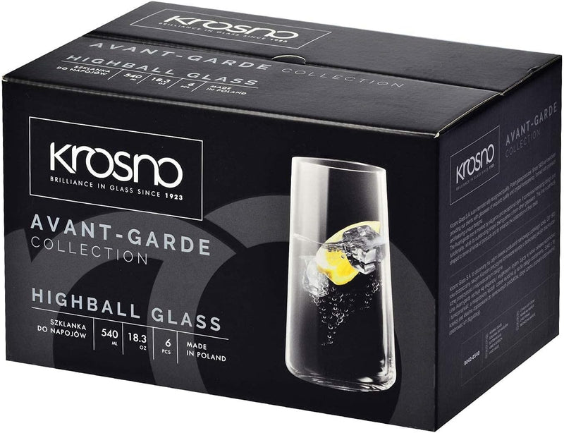 KROSNO Tall Water Juice Drinking Glasses | Set of 6 | 18.3 oz | Avant-Garde Collection | Highball & Tumbler Crystal Glass | Home Restaurants and Parties | Dishwasher Safe | Gift Idea | Made in EU