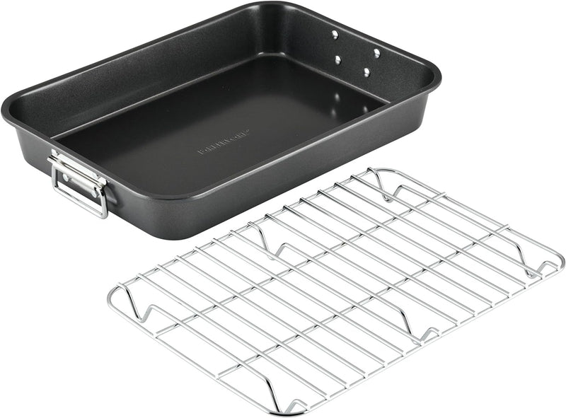 Farberware Bakeware Nonstick Steel Roaster with Flat Rack, 11-Inch x 15-Inch, Gray