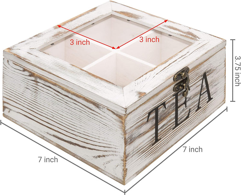 MyGift Shabby Whitewashed Solid Wood Tea Box Organizer with 4 Compartments, Teabag Storage Chest with Clear Acrylic Lid and Latch