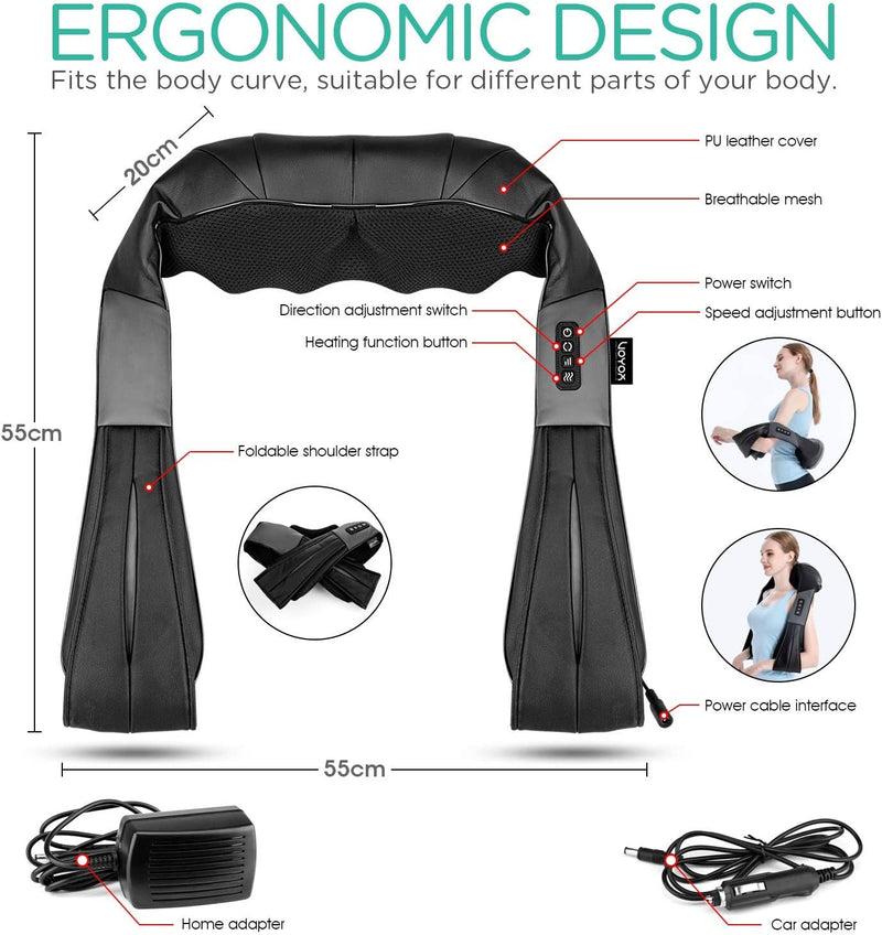 VOYOR Shiatsu Neck and Back Massager with Heat, Electric Deep Tissue 4D Kneading Massage for Shoulder, Back, Neck and Full Body Muscle Pain Relief, Home, Car, Office Use PJ100, Black