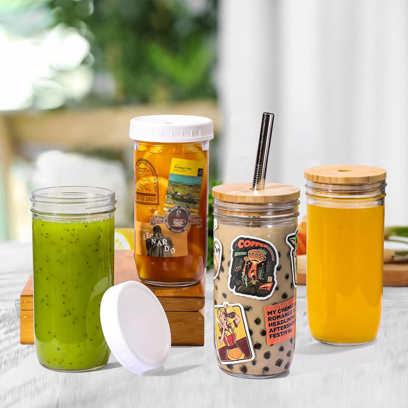 [ 4 Pack ] Glass Cups Set - 24oz Mason Jar Drinking Glasses w Bamboo Lids & Straws 2 Airtight Cute Reusable Boba Bottle, Iced Coffee Glasses, Travel Tumbler for Bubble Tea, smoothie, Juice