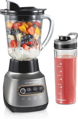 Hamilton Beach Wave Crusher Blender for Shakes and Smoothies, Puree, Crush Ice, With 40oz Glass Jar and 20oz Blend-In Portable Travel Jar, 6 Functions, Gray (58181)