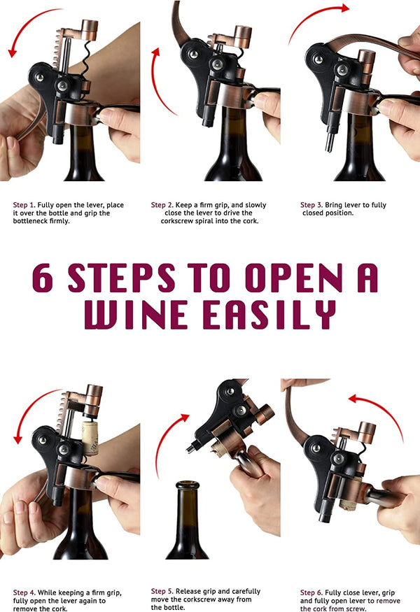 Wine Opener, KITESSENSU Easy Lever Wine Corkscrew with No-Stick Worm, 6-Piece Wine Bottle Opener Set with Foil Cutter, Bottle Stopper, Pourer, Extra Cork Screw and Base, Silver