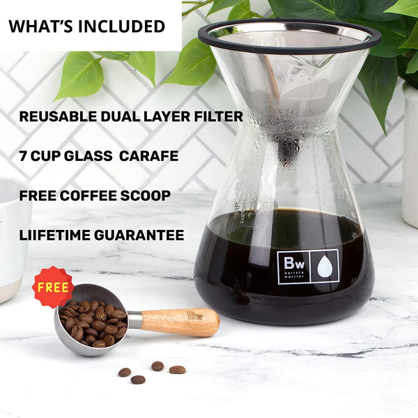 Barista Warrior Pour Over Coffee Maker Set - Pour Over Kit Includes Large Glass Carafe and Reusable Dripper Coffee Filter and Coffee Scoop - 7 Cup Drip Coffee Brewer (34oz | 1000ml)