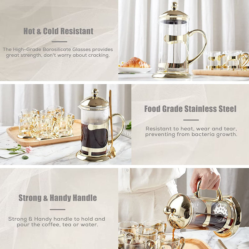 DUJUST Gold French Press Coffee Maker, Luxury Design French Coffee Press with 4-Level Filter System, High-Grade Glass for Hot & Cold Resistance, Include Long Size 304 Stainless Steel Spoon - 34oz