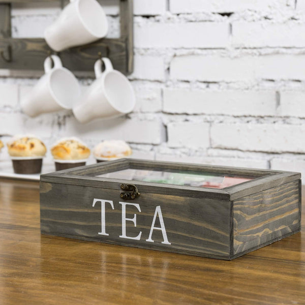 MyGift Solid Wood 6 Compartment Tea Bag Box Organizer in Vintage Gray Finish, Tea Bags and Condiment Packet Holder Storage Chest with Clear Lid with Latch