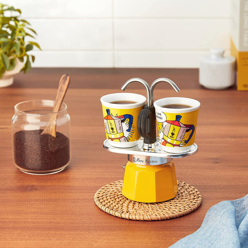 Bialetti - Mini Express Lichtenstein: Moka Set includes Coffee Maker 2-Cup (2.8 Oz) + 2 shot glasses, Yellow, Aluminium