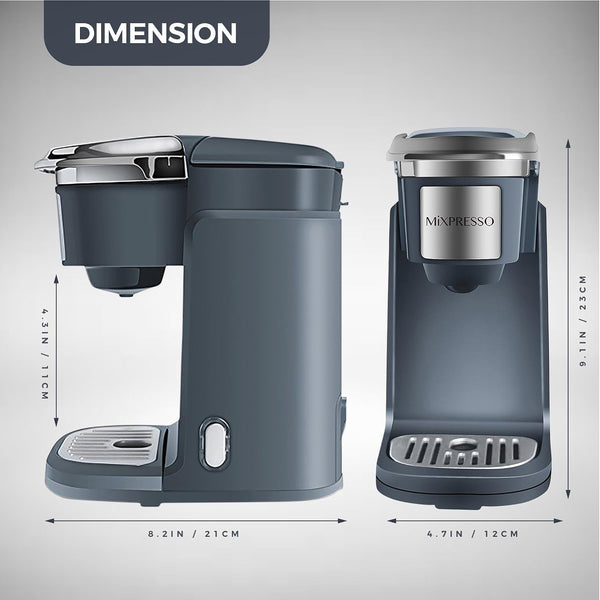 Mixpresso Single Cup Coffee Maker, Personal Single Serve Coffee Machine, Compatible with KCup, Quick Brew Technology, Programmable Features, One Touch Function Grey Coffee Maker
