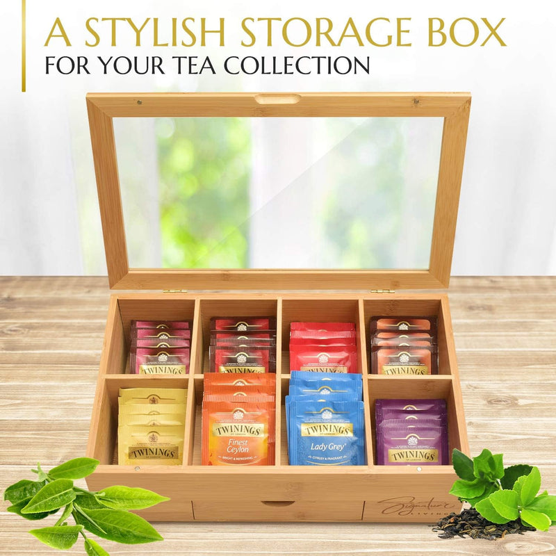 Signature Living Bamboo Wooden Tea Box Storage Organizer with Drawer (8 Compartments) Large Tea Organizer Box for Tea Bags and Loose Tea - Sturdy, Natural Bamboo