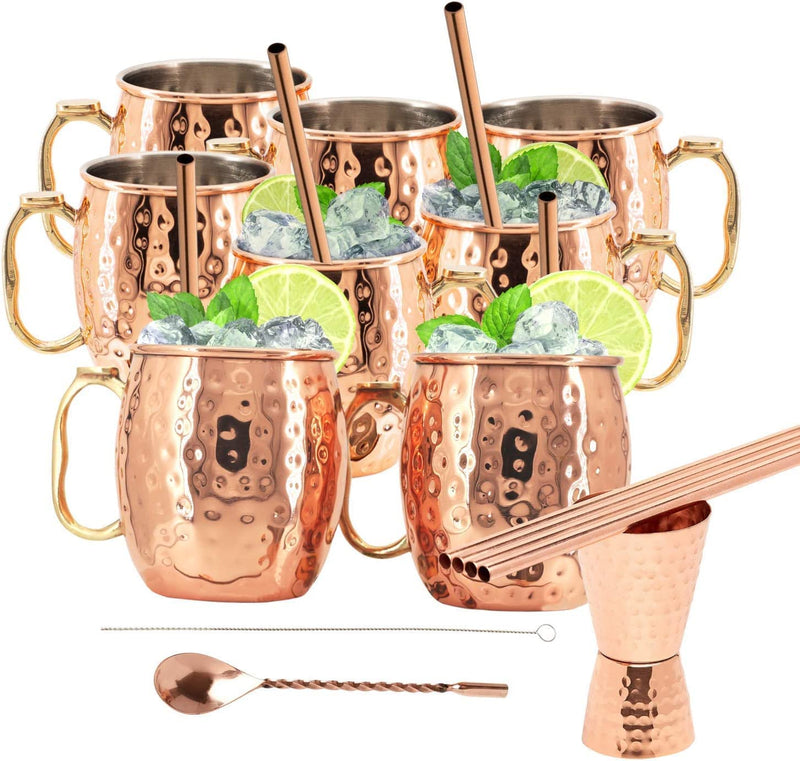 Kitchen Science [Gift Set] Moscow Mule Mugs, Stainless Steel Lined Copper Moscow Mule Cups Set of 2 (18oz) w/Straws & Jigger. | Tarnish-Resistant Stainless Steel Interior (Set of 2)