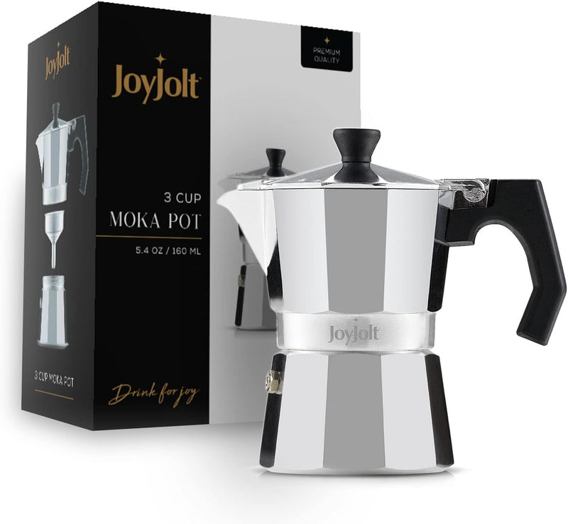 JoyJolt Italian Moka Pot 3 Cup Stovetop Espresso Maker. Aluminum Coffee Percolator Coffee Pot With Heat Resistant Handles! Portable Espresso Maker Camping Coffee Pot, Stove Top Cafetera