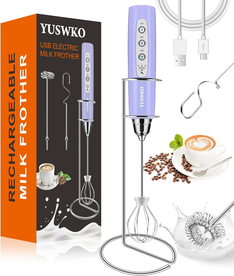 YUSWKO Milk Frother Handheld with 3 Heads, Electric Whisk Drink Foam Mixer with USB Rechargeable 3 Speeds, Mini Frother for Coffee Latte, Cappuccino, Hot Chocolate, Egg - Black