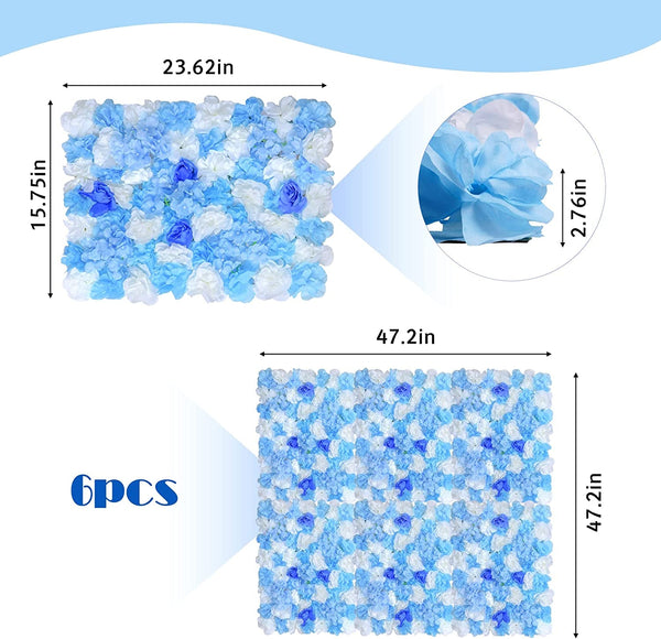 Artificial Flower Wall Panel - Silk Rose and Hydrangea 3D Wedding Backdrop - 6 Pcs - Assorted BlueWhite