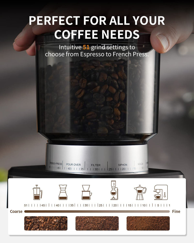 SHARDOR Anti-static Conical Burr Coffee Grinder Electric for Espresso with Precision Electronic Timer, Touchscreen Adjustable Coffee Bean Grinder with 51 Precise Settings, Brushed Stainless Steel