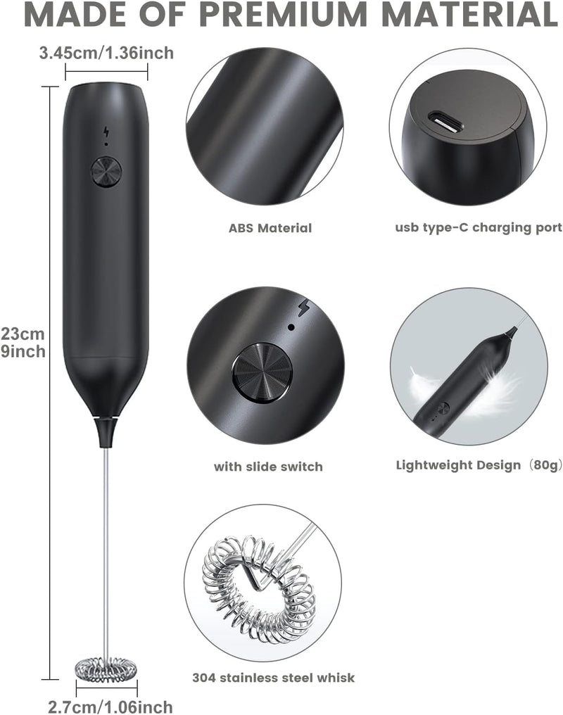 Homradise Milk Frother Rechargeable, Electric Milk Frother Handheld USB-C Powerful Coffee Frother Milk Foam Maker for Coffee Latte, Cappuccino, Mocha, Macchiato, Frappe and Protein Powder -Black