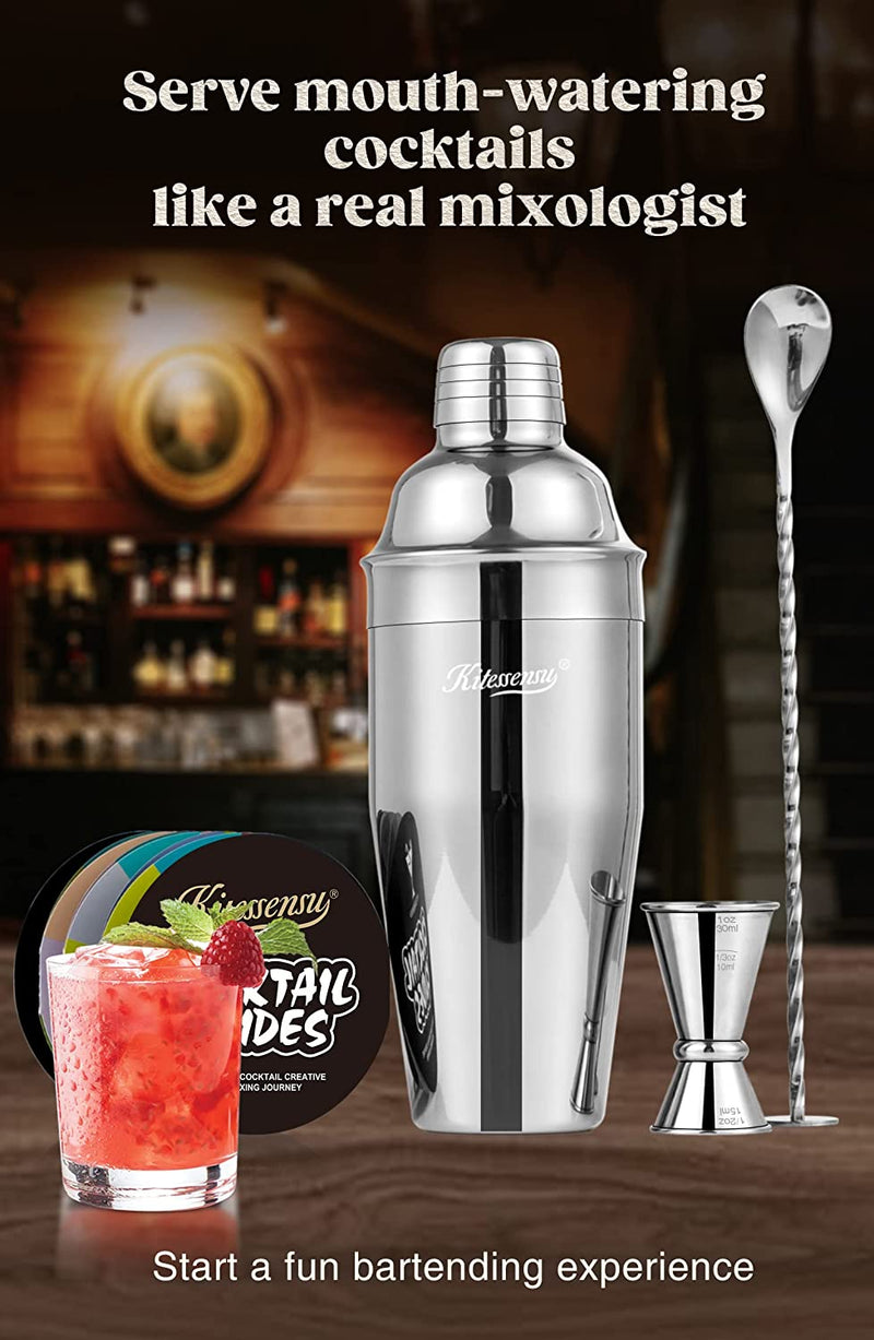 Cocktail Shaker, KITESSENSU 24oz Drink Shaker with Bartender Strainer, Measuring Jigger, Bar Mixing Spoon, Cocktail Recipe Guide, Professional Drink Mixer Set for Beginners, Silver