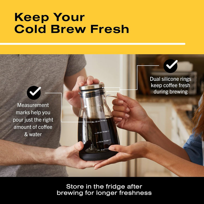 Bean Envy Cold Brew Coffee Maker - 32 oz Glass Iced Tea & Coffee Cold Brew Maker and Pitcher w/Silicone Cap & Base