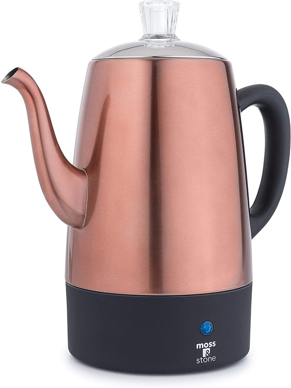 Moss & Stone Electric Coffee Percolator Copper Body with Stainless Steel Lids Coffee Maker | Percolator Electric Pot - 10 Cups, Copper Camping Coffee Pot.