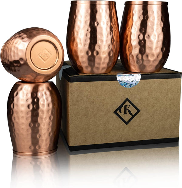 Kosdeg Copper Cups - 12 Oz set of 4 - A Unique Way To Enjoy Wine - The Perfect Pure Copper Tumbler for Water - Copper Drinking Cups Better Than Glasses or Plastic - Moscow Mule Copper Cup For Drinking