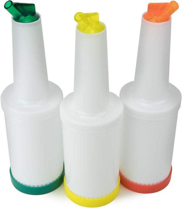 Cocktailor 32 FL OZ. Colorful Juice Pouring Spout Bottle - Plastic Barware for Bars & Event - 3 Count in Yellow, Orange & Green