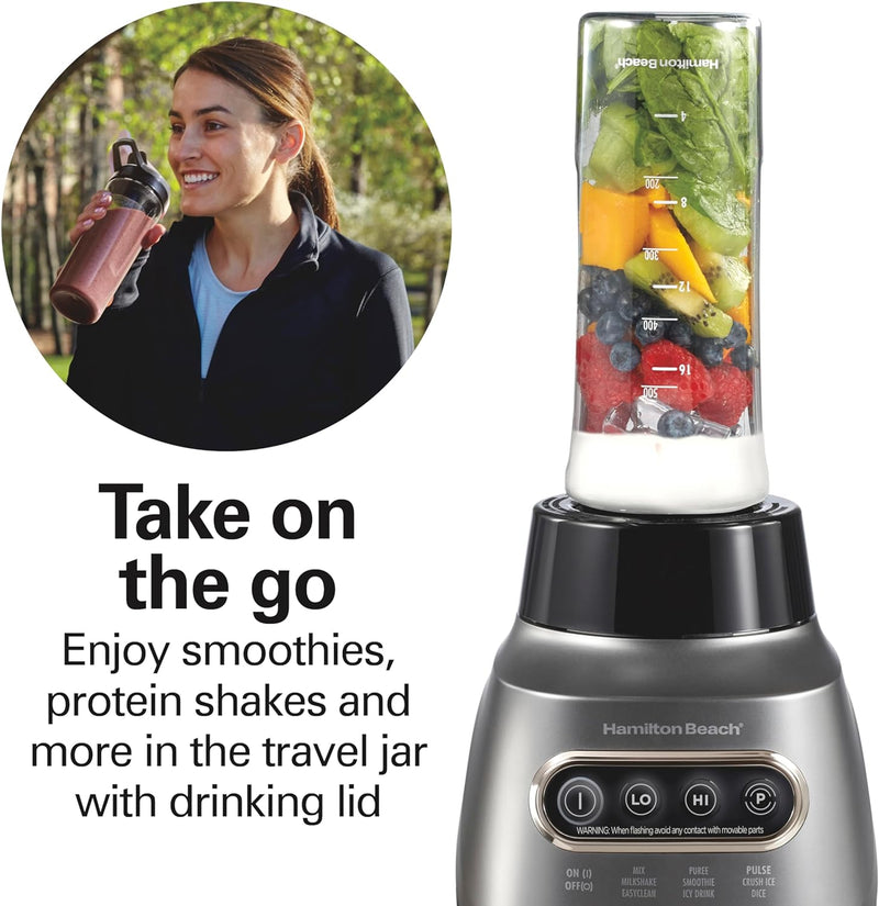 Hamilton Beach Wave Crusher Blender for Shakes and Smoothies, Puree, Crush Ice, With 40oz Glass Jar and 20oz Blend-In Portable Travel Jar, 6 Functions, Gray (58181)