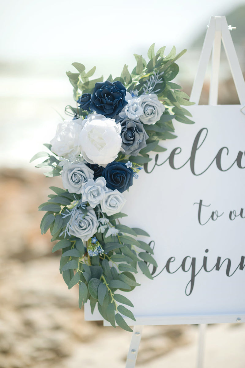 Flower Sign Decor in Dusty Blue Navy - Floral Wall Art