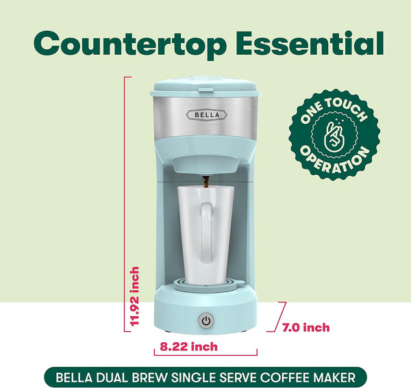 BELLA Dual Brew Single Serve Coffee Maker, K-cup Compatible with Ground Coffee Basket & Adapter - Carefree Auto Shut Off & Adjustable Tray, 14oz, Aqua