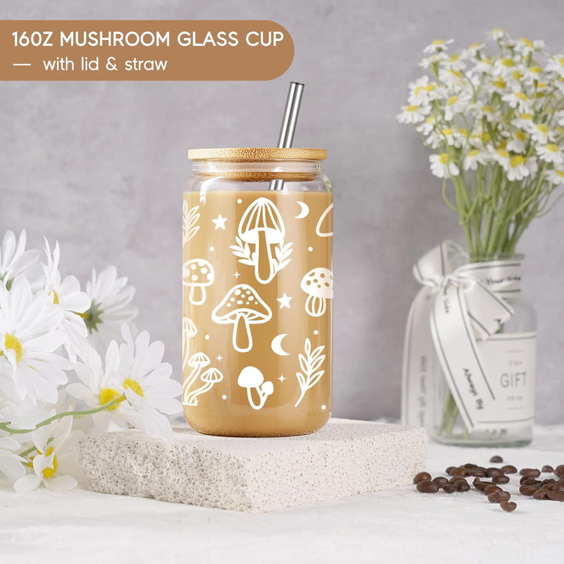 GSPY Mushroom Cup, Mushroom Gifts, Mushroom Glass Coffee Cup with Lid & Straw, Cute Mushroom Stuff, Cute Cups Aesthetic Mushroom Mug Tumbler - Mushroom Gift, Christmas Drinking Gifts for Women