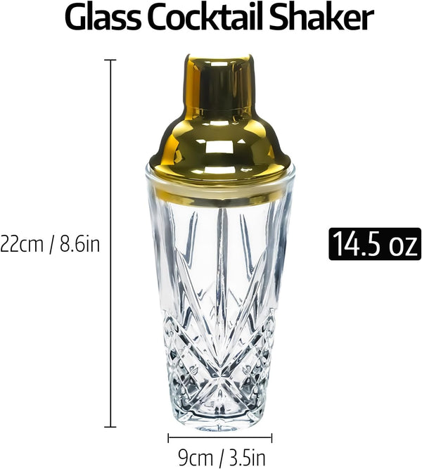 Gbuxska Glass Cocktail Shaker Kit, 14.5 Ounce Martini Mocktail Making Set with Leakproof Metallic Steel Lid & Strainer for Home Use & Bar Cart Gold