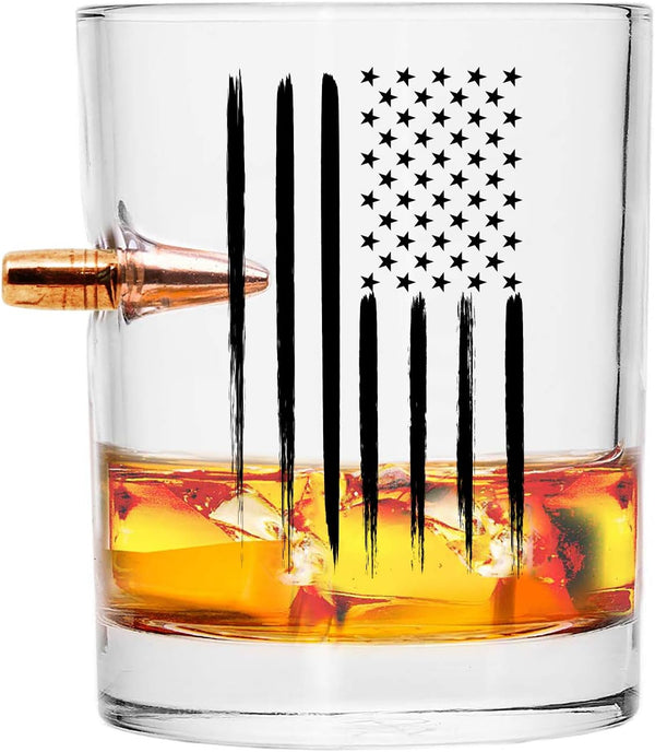 Real Projectile American Flag Whiskey Rocks Glass – Hand Blown Glasses – 8 Oz Old Fashioned Glass for Scotch, Bourbon or Whiskey – .308 Bullet Whiskey Glass