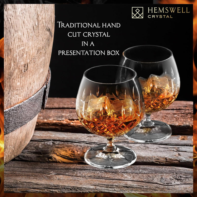 Hemswell Crystal Brandy Snifter Glasses Set of 2 - Small Crystal Brandy Snifters for Scotch Brandy or Whiskey - Elegant Crystal Cognac Glasses - European Crystal 8.5oz - Glenrigg Design