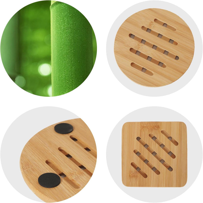 Bamboo trivets for hot Dishes,Natural Bamboo hot Pads for Kitchen Set for Hot Dishes/Pot/Bowl/Teapot/Hot Pot,2 Square 2 Roundness 1 Storage Rack