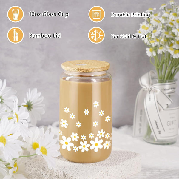 LEADO Daisy Aesthetic Cup, Floral Iced Coffee Cup, Glass Cups with Lids & Straws, Flower Mug, Glass Coffee Tumbler - Cute Daisy Gifts, Christmas, Birthday Gifts for Women, Coffee Lover Gifts