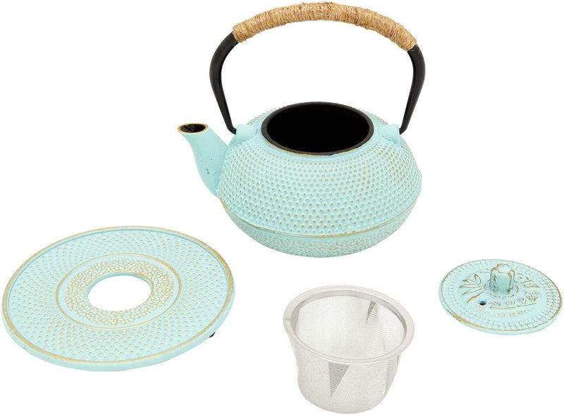 Cast Iron Teapot with Infuser - Japanese Tea Kettle, Loose Leaf Tetsubin with Handle and Trivet (Green, 3 Pcs, holds 27 oz, 800 ml)