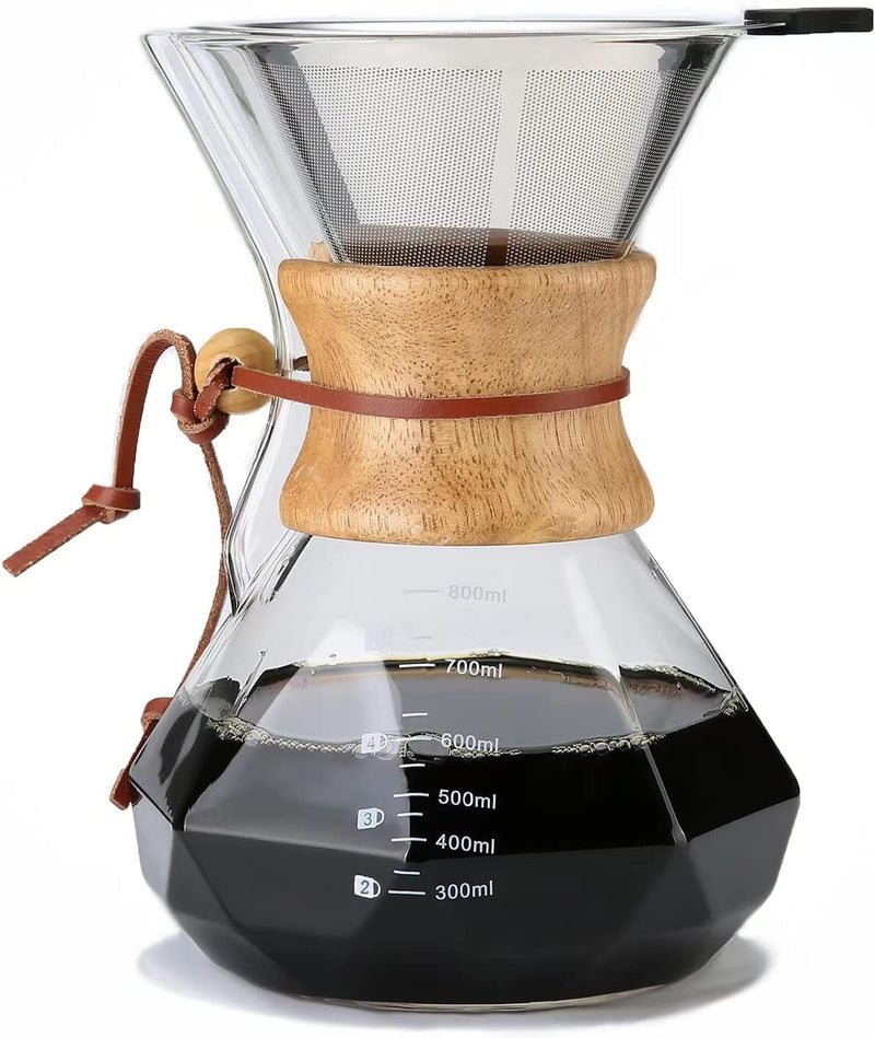 Lalord Pour Over Coffee Maker with Stainless Steel Filter, 20 oz Borosilicate Glass Coffee Carafe, Wooden Collar, Coffee Maker Carafe, Hold 3-4 Cups, 600 ml, Clear