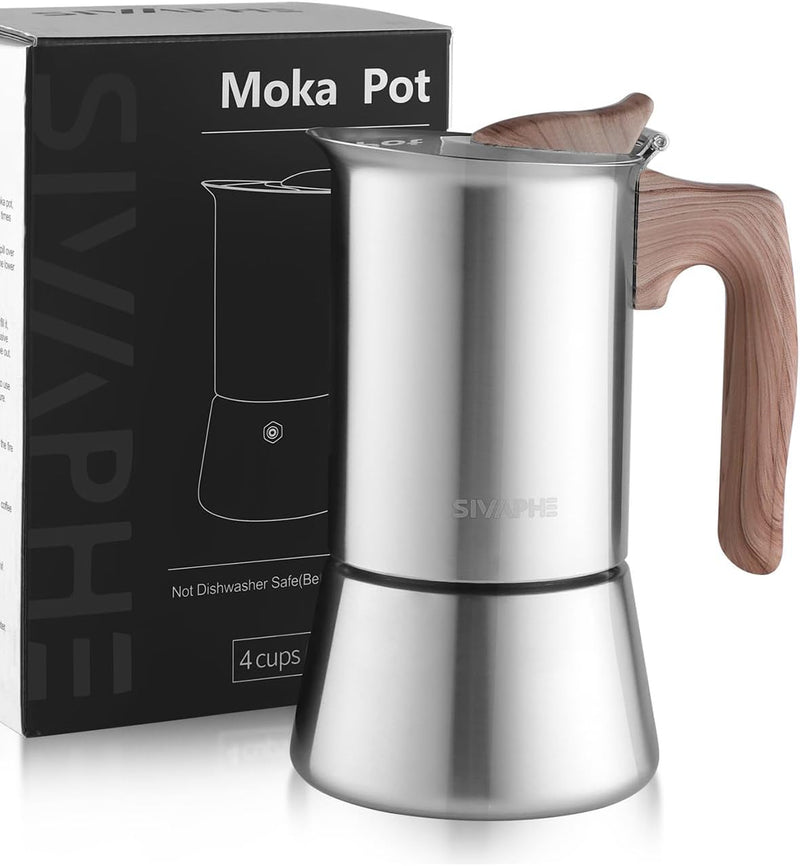 Sivaphe Stovetop Espresso Maker Stainless Steel 9 Cups, Induction-Capable Mocha Pot 450ml, Coffee Percolator with Step-by-step Instructions (1 Cup=50ml)