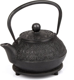 6 Piece Set Black Japanese Cast Iron Teapot(28 oz /800 ml) with 4 Tea Cups (2 oz each), Leaf Tea Infuser and Trivet.